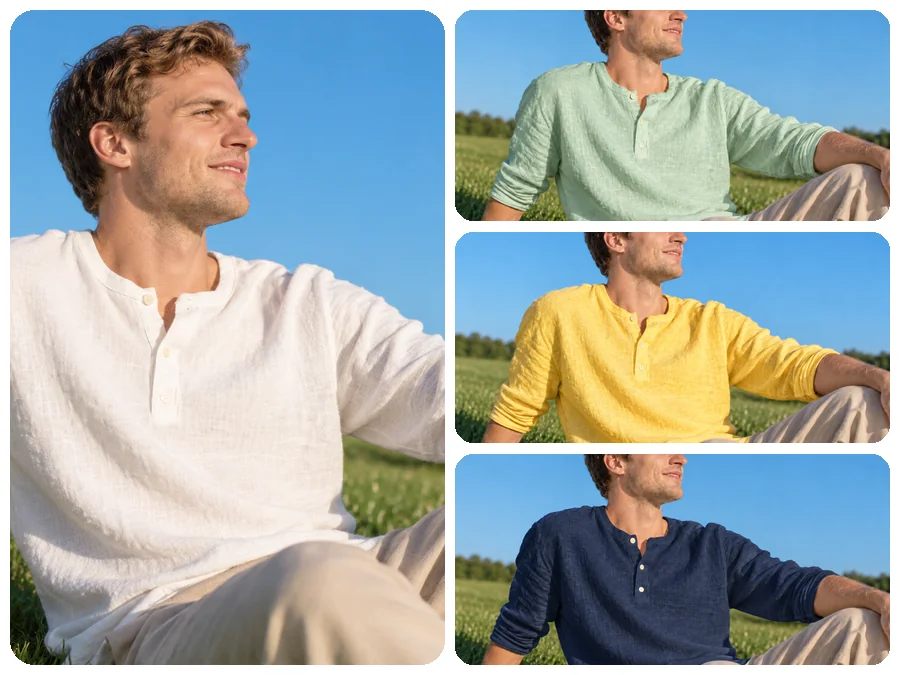 White linen shirt shown in mint green, yellow, and navy blue versions