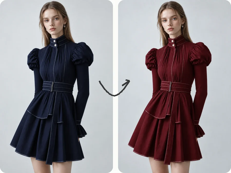 Navy long-sleeve dress changed to a deep red dress