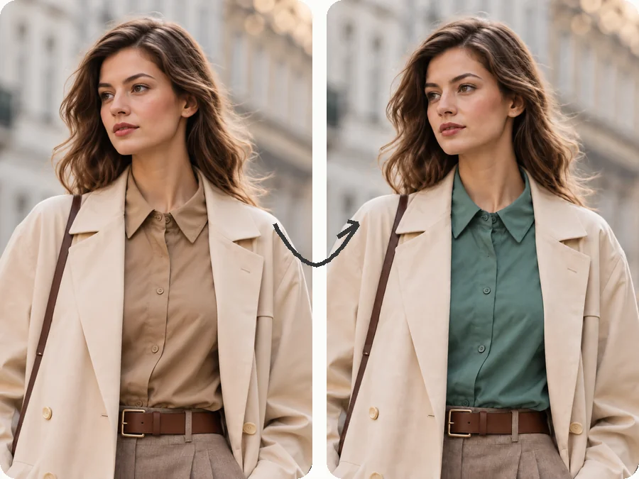Beige shirt under a blazer changed to teal while the blazer stays the same