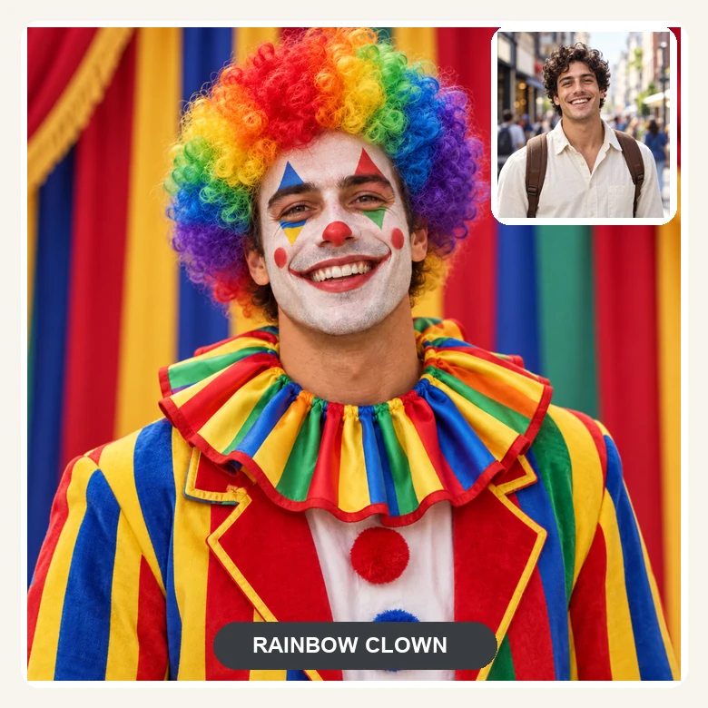 Before and after: a man’s portrait and the same man with rainbow clown hair, painted eyes, and a red nose