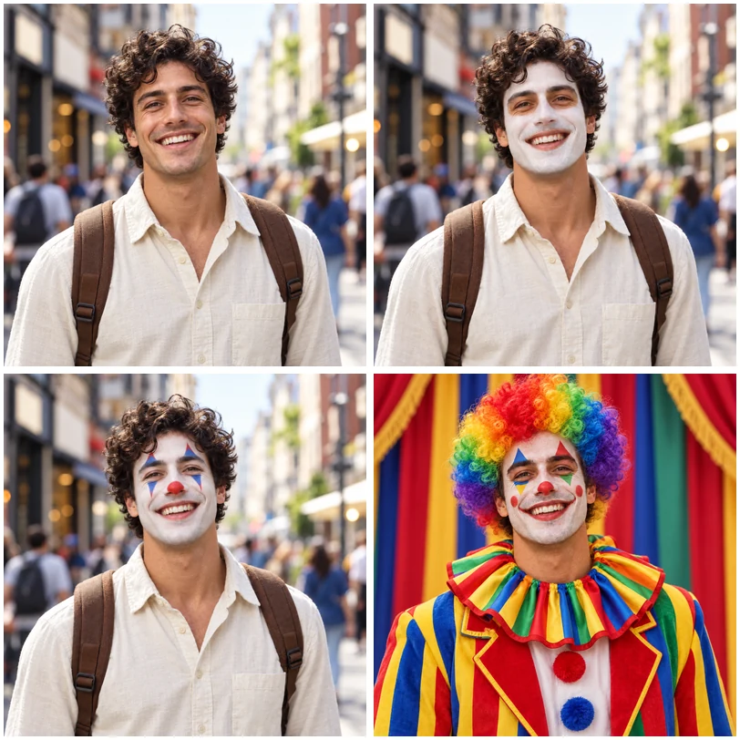 Four-panel grid: a man’s original selfie followed by three increasingly full circus clown looks