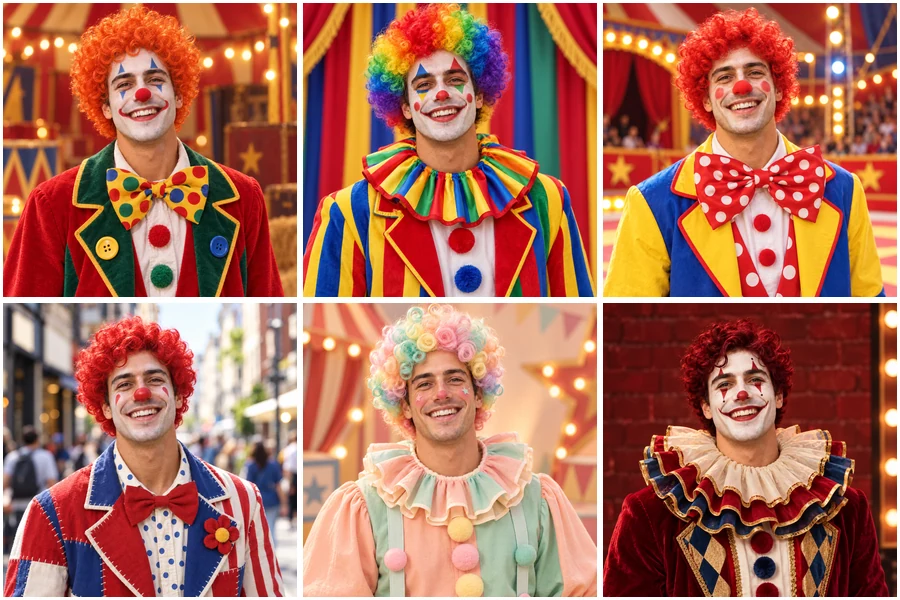 Six clown styles in a grid: classic circus, polka dot, street performer, rainbow wig, cute clown, and glam clown