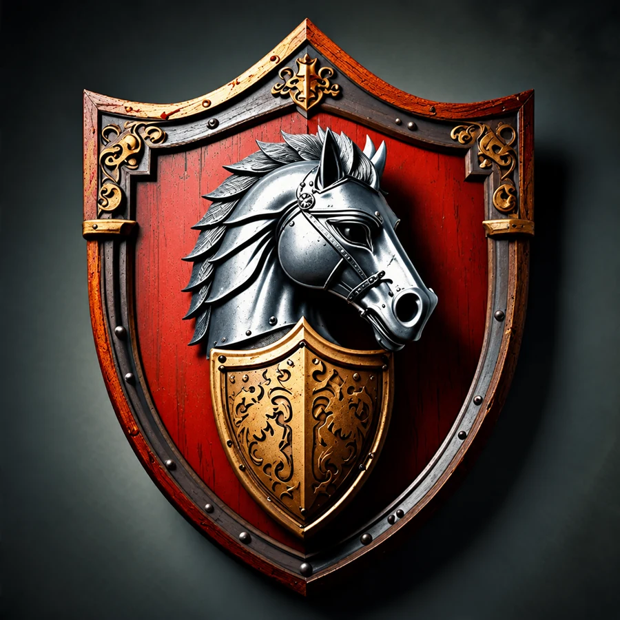Carved wooden shield with a horse head