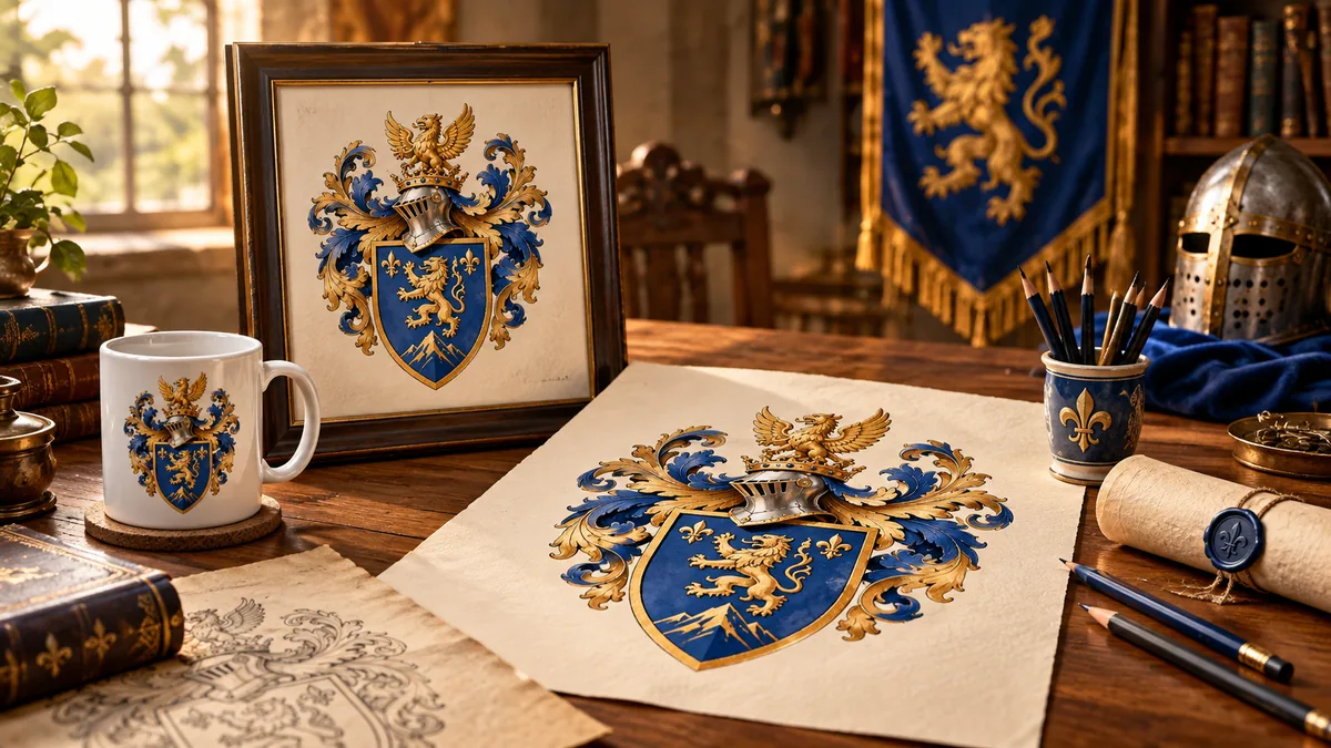 Family crest designed at a desk for printing and framing