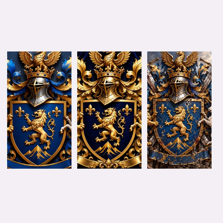 Heraldic elements: a central symbol, a royal crest, and a quartered shield