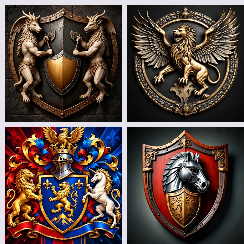Four fantasy house sigils in a matching style
