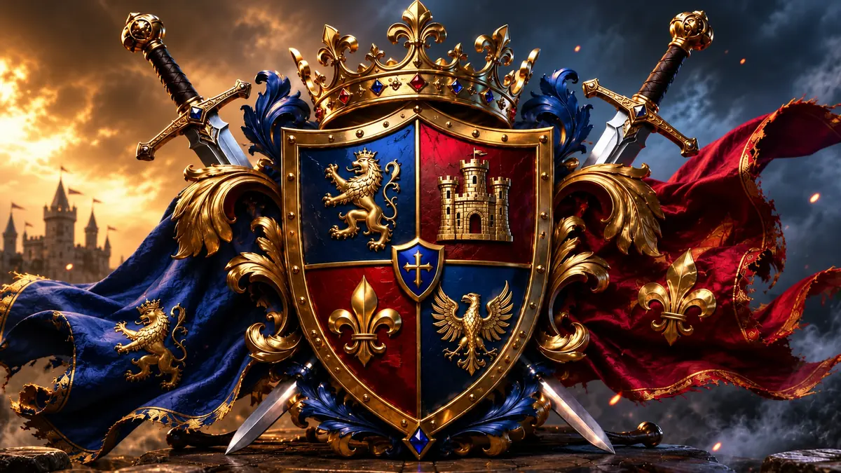 Medieval coat of arms with crossed swords and banners