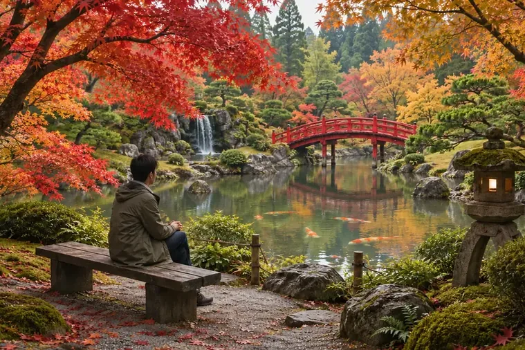 Drag to compare the black and white Japanese garden and the colorized landscape with red maples and a red bridge (after)