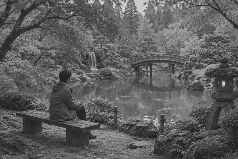 Drag to compare the black and white Japanese garden and the colorized landscape with red maples and a red bridge (before)