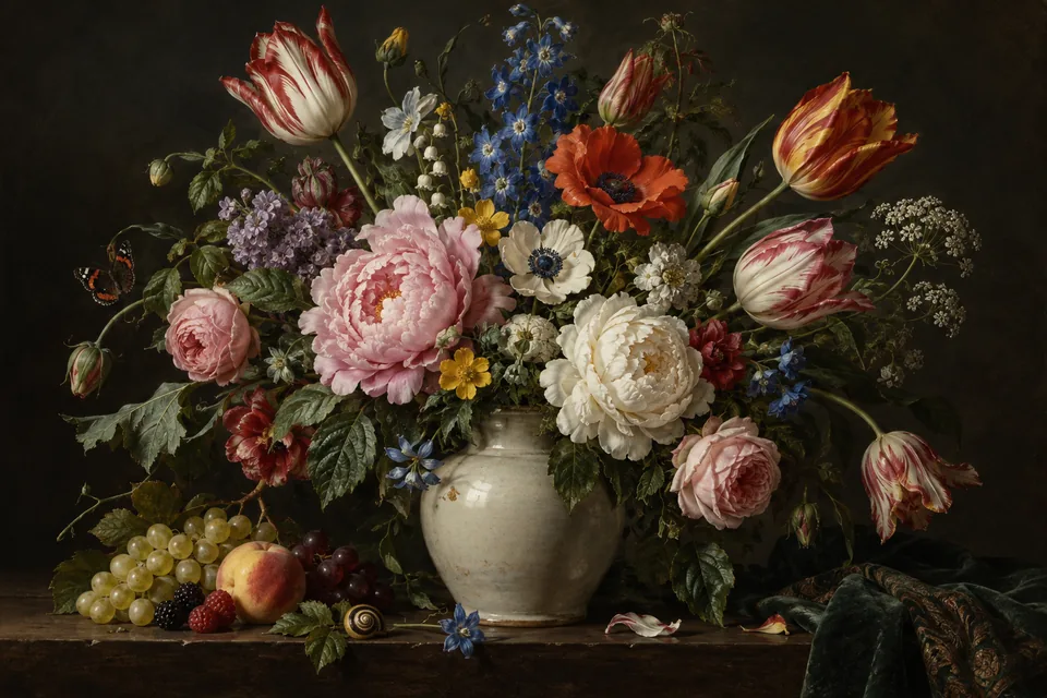 Drag to compare the pencil sketch of a flower bouquet and the colorized painting (after)