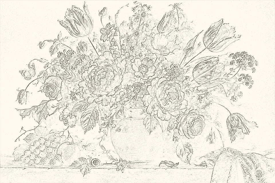 Drag to compare the pencil sketch of a flower bouquet and the colorized painting (before)