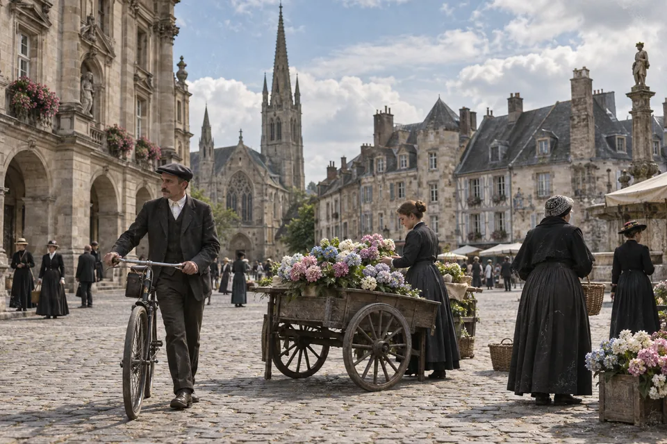 Drag to compare the sepia old town square with a flower cart and the colorized street scene (after)