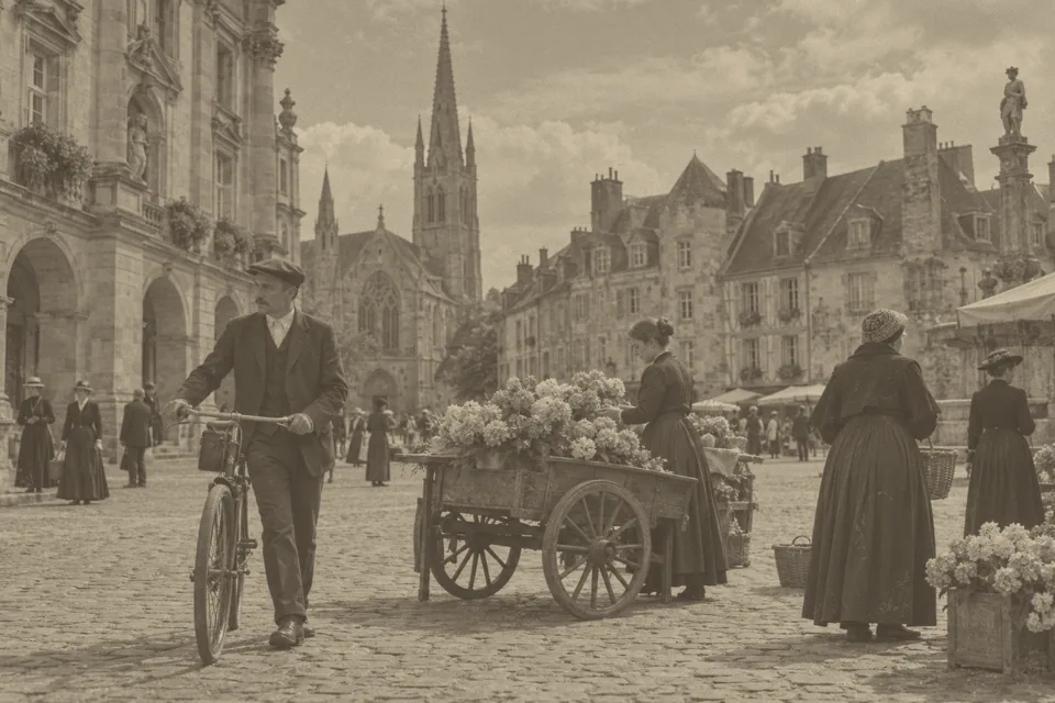 Drag to compare the sepia old town square with a flower cart and the colorized street scene (before)