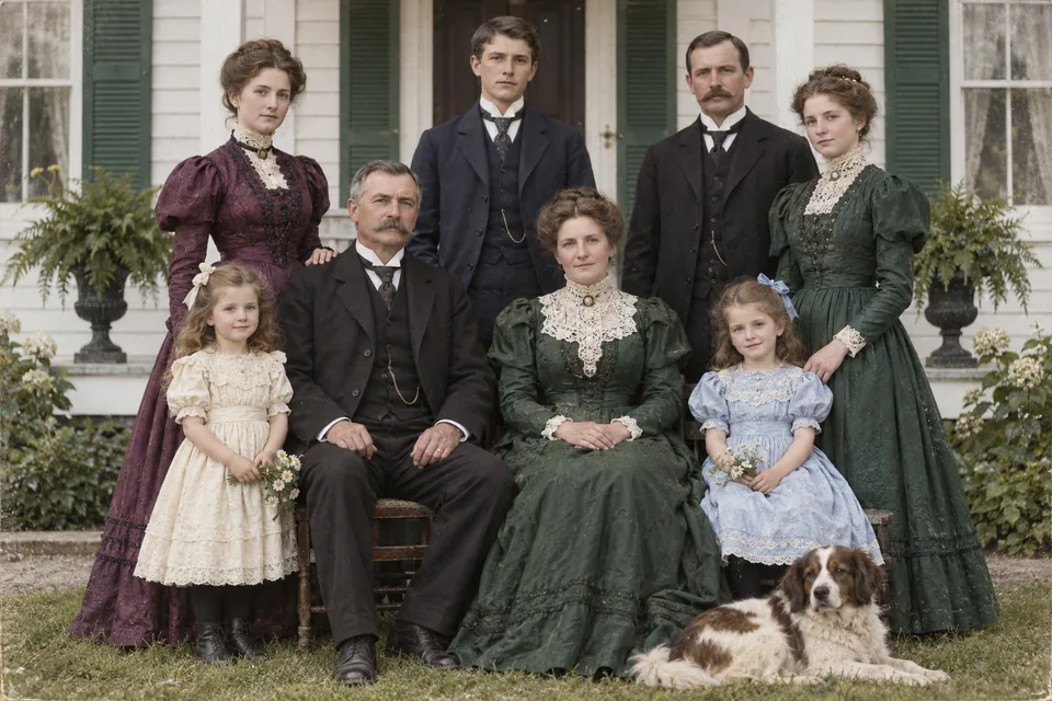 Drag to compare the black and white Victorian family portrait and the colorized version (after)