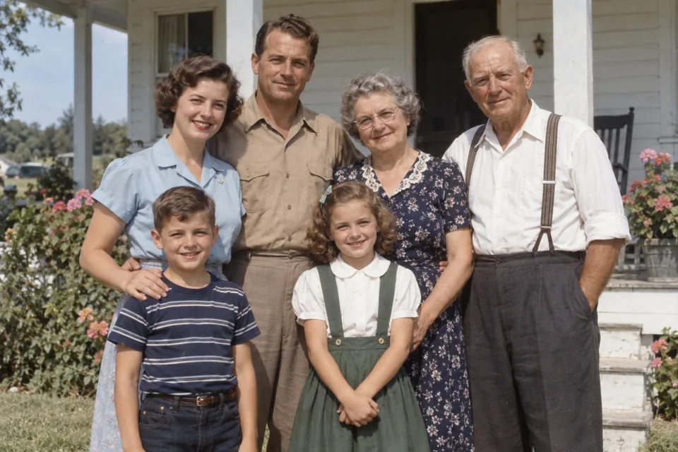 Drag to compare the black and white family photo on a porch and the colorized version with a light blue blouse and green dress (after)