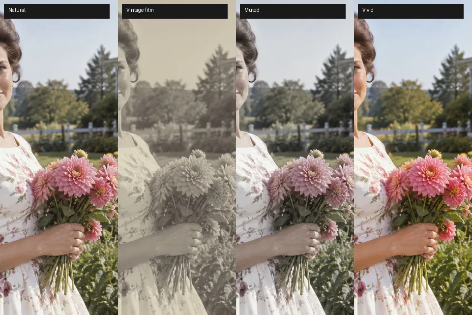 The same vintage portrait of a woman holding pink flowers colorized four ways: natural, warm vintage film, muted and vivid