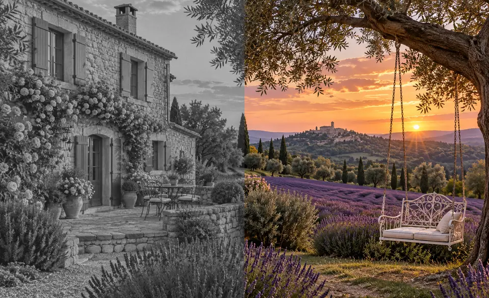 Stone farmhouse and lavender field with a swing, the left half in black and white and the right half colorized with a sunset sky
