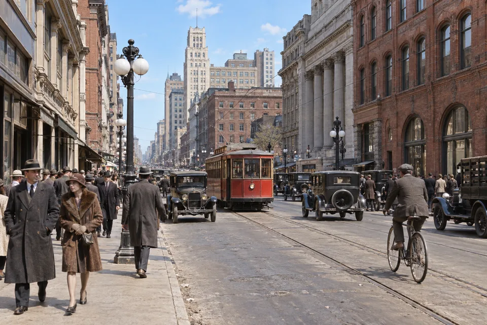 Drag to compare the faded sepia 1920s street with a tram and the colorized street with a red tram and blue sky (after)