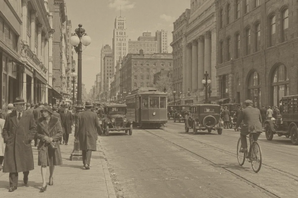 Drag to compare the faded sepia 1920s street with a tram and the colorized street with a red tram and blue sky (before)