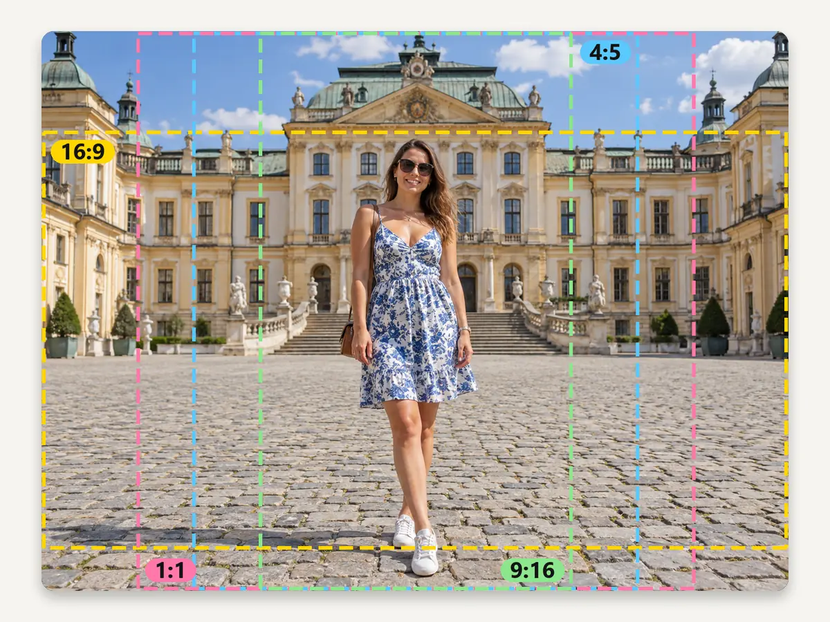 One travel photo with 16:9, 4:5, 1:1 and 9:16 crop frames drawn over it