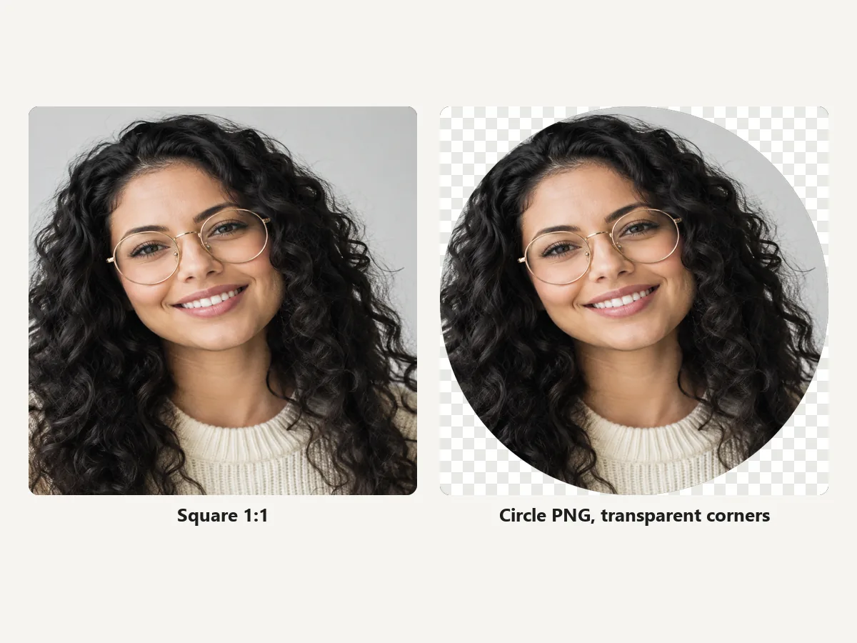 The same portrait cropped to a square and to a circle with transparent corners