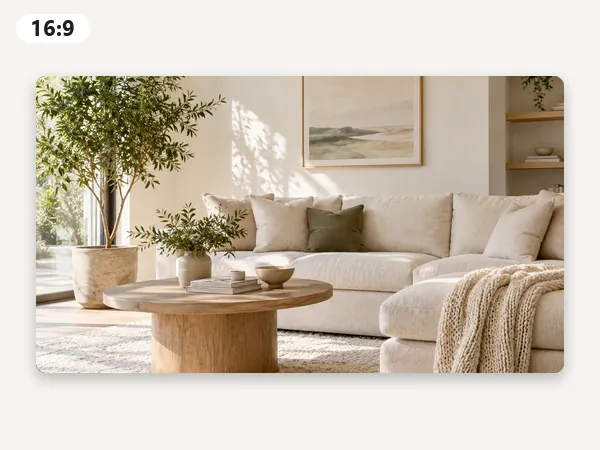 Square living room photo cropped to a 16:9 widescreen frame