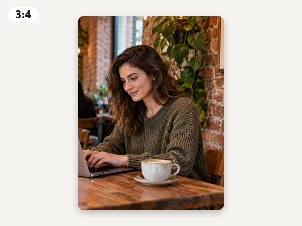 Cafe photo cropped to a 3:4 portrait around the woman at the laptop