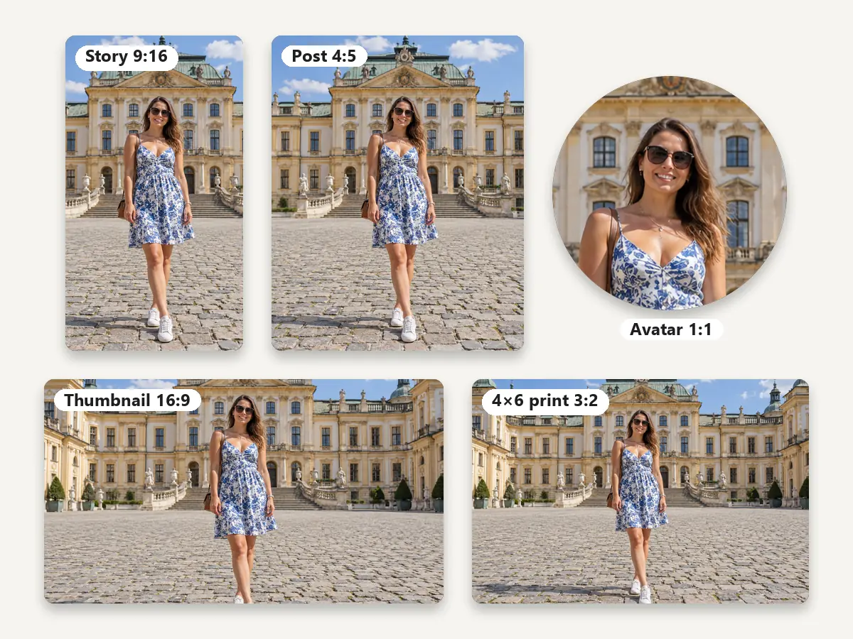 One travel photo cropped to a 9:16 story, a 4:5 post, a circle avatar, a 16:9 thumbnail and a 3:2 print