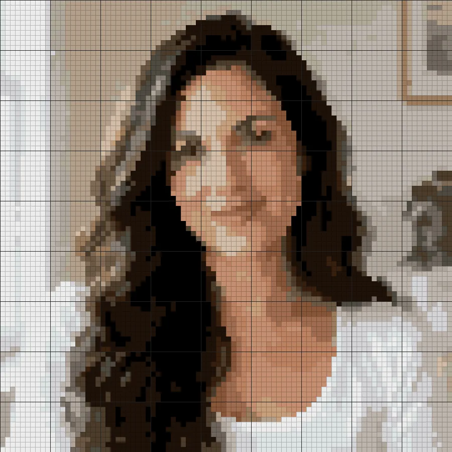 Drag to compare the portrait photo and its 90-stitch cross stitch pattern (after)