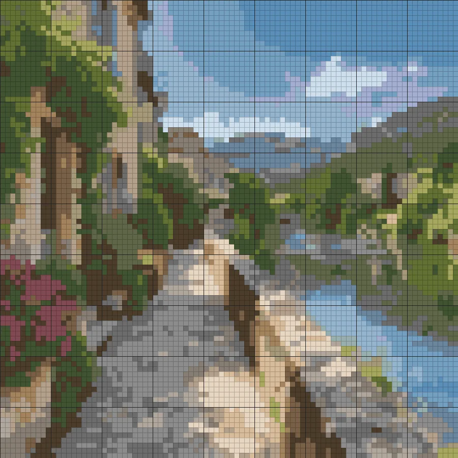 Drag to compare the village photo and the 90-stitch landscape pattern (after)