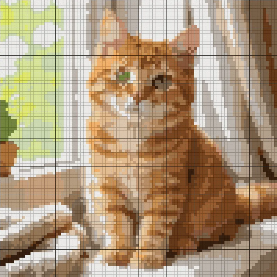 Drag to compare a 45-stitch, 8-color pattern with a 100-stitch, 30-color pattern (after)