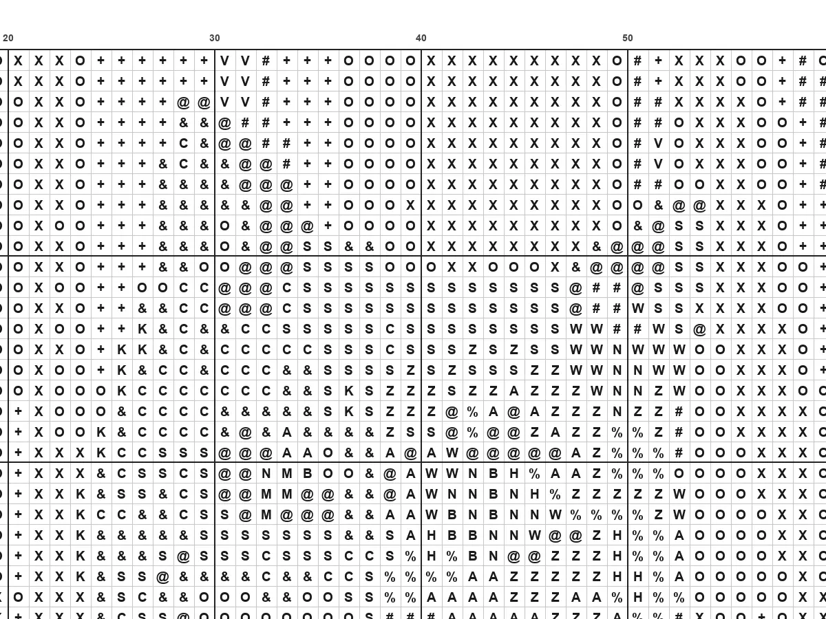 Black and white counted cross stitch chart with symbols, numbered edges, and bold lines every 10 stitches