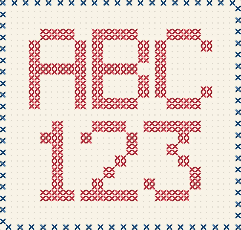 ABC 123 cross stitch letters in red with a dotted blue border on ivory Aida