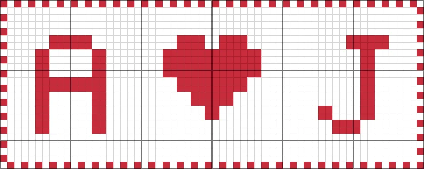 Cross stitch chart of initials A and J with a heart and a dotted border