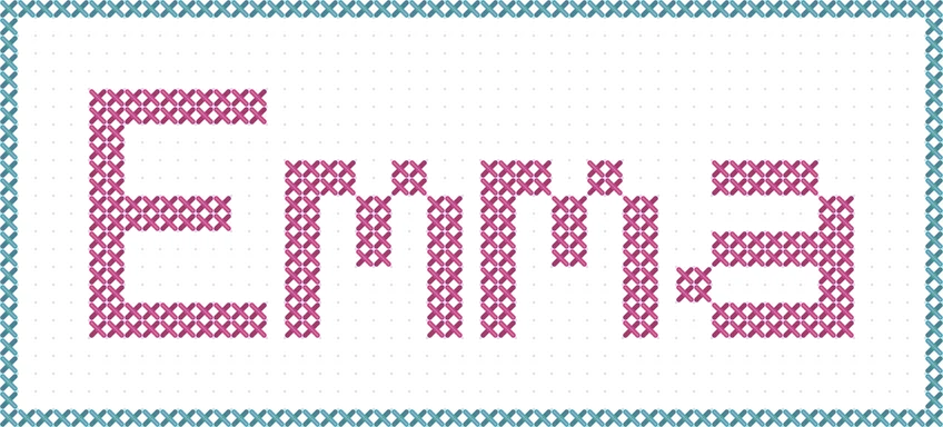 Cross stitch name Emma in large letters with a solid border, stitched look