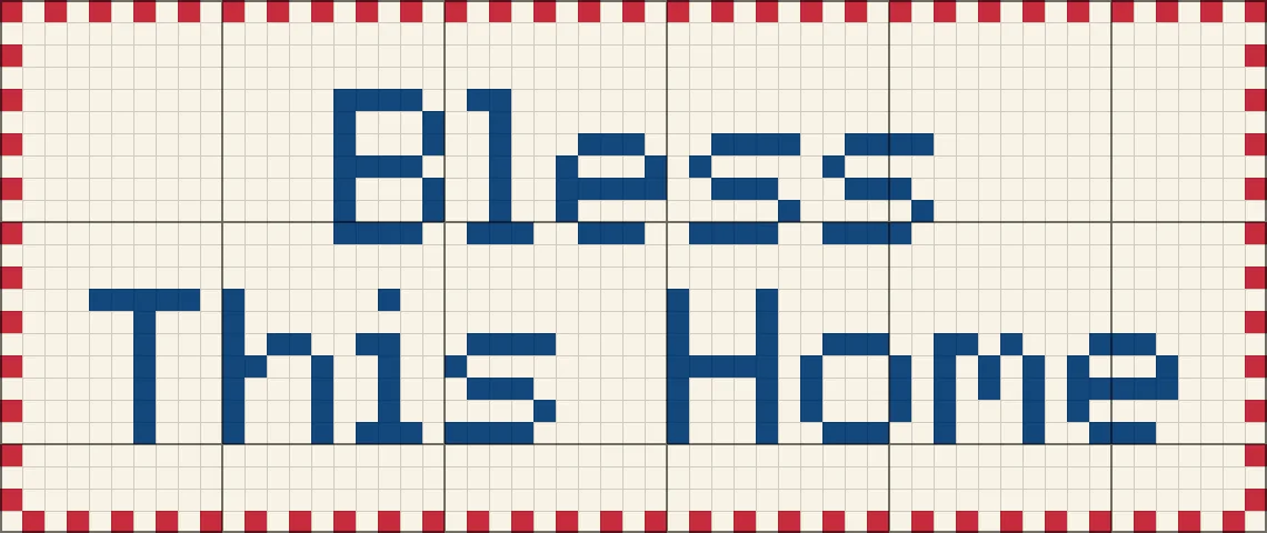 Drag to compare the Bless This Home pattern grid and the stitched preview (before)