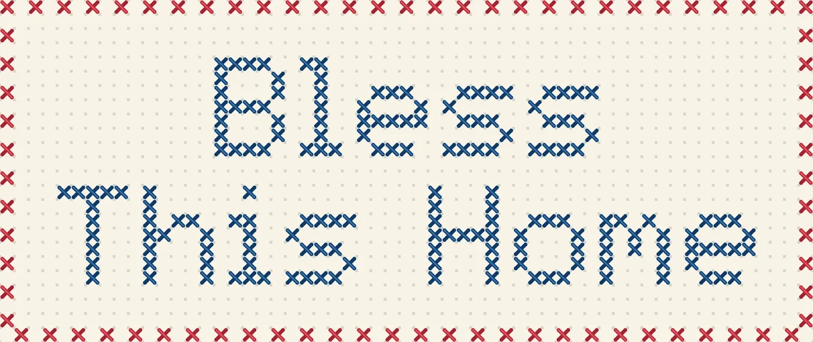 Drag to compare the Bless This Home pattern grid and the stitched preview (after)