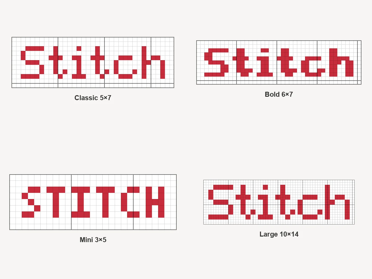 The word Stitch charted in four cross stitch fonts: Classic, Bold, Mini, and Large