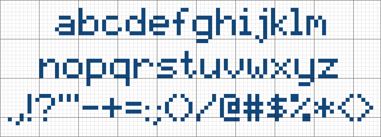 Cross stitch alphabet chart with lowercase letters a to z and punctuation symbols