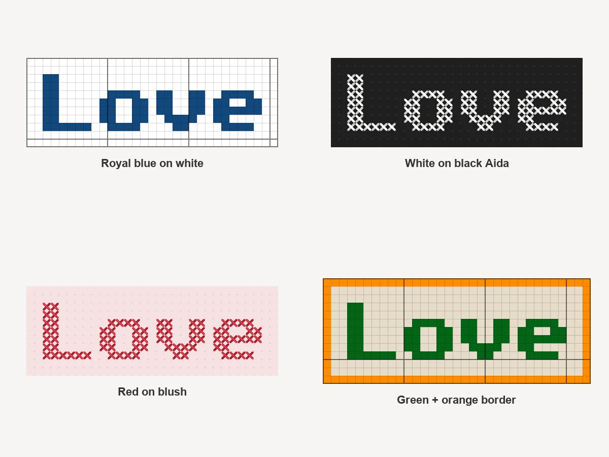 The word Love in four thread and fabric color combinations, as charts and as stitched previews