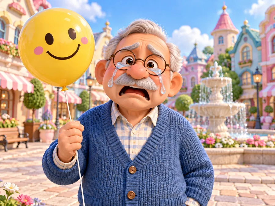 Drag to compare the cartoon grandpa before and after the crying filter (after)