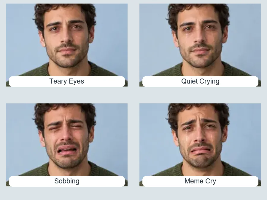 Four crying levels: teary eyes, quiet crying, sobbing and a meme cry