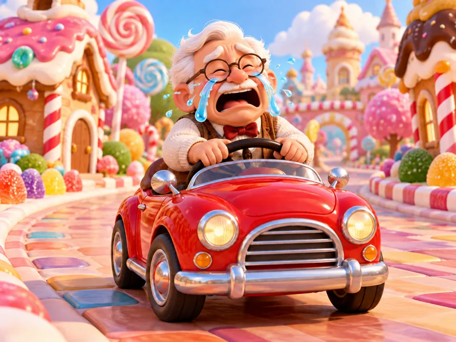 Drag to compare the happy cartoon grandpa and the crying cartoon grandpa (after)