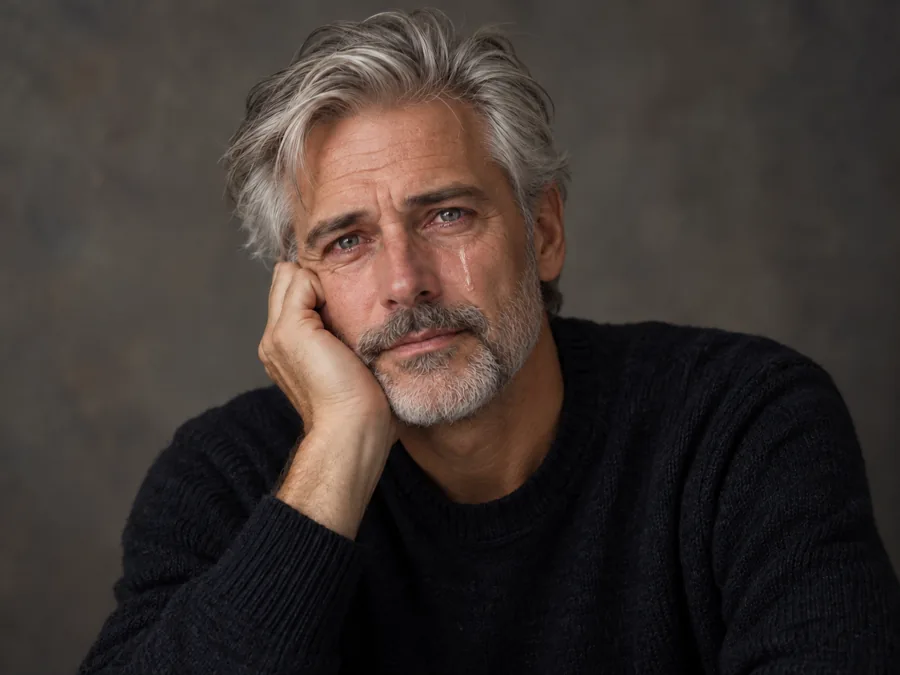 Drag to compare the thoughtful man and the same man crying quietly (after)