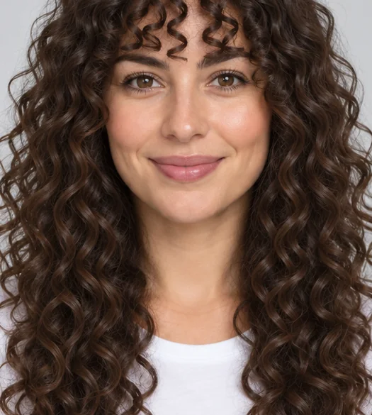 Drag to compare straight hair with blunt bangs and the same woman with curly bangs (after)