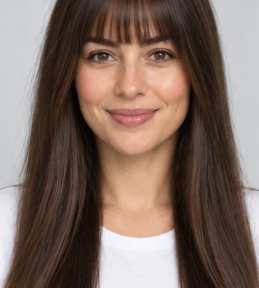 Drag to compare straight hair with blunt bangs and the same woman with curly bangs (before)