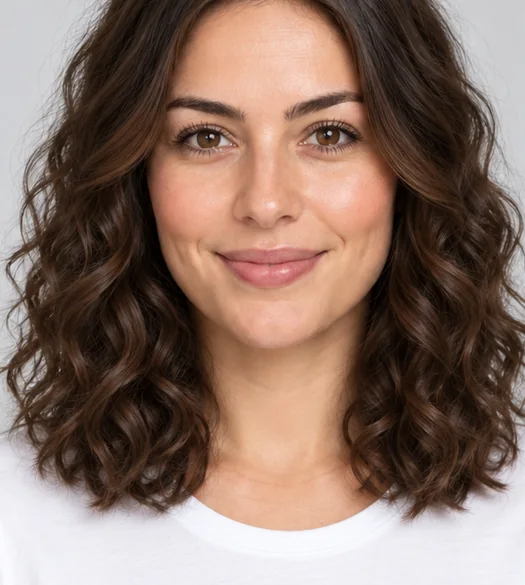 Drag to compare straight shoulder-length hair with the same woman with curls (after)