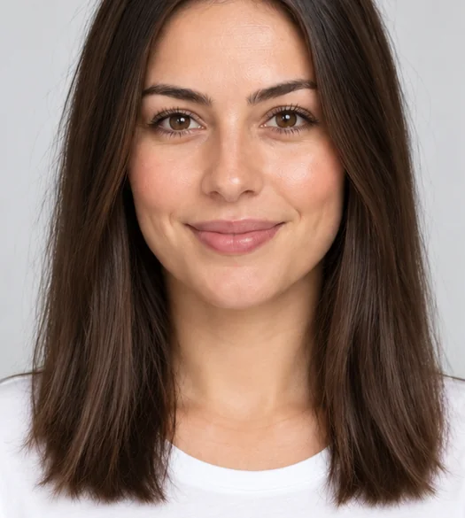 Drag to compare straight shoulder-length hair with the same woman with curls (before)