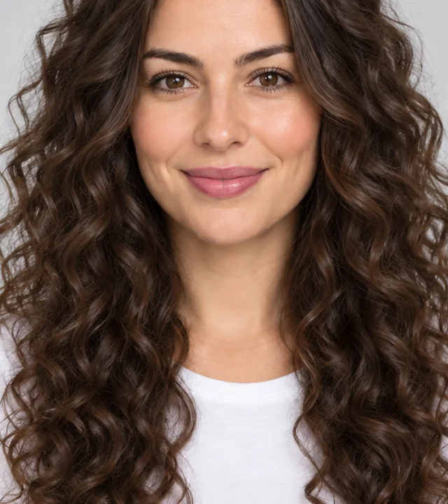 Drag to compare long straight hair with the same woman with big voluminous curls (after)