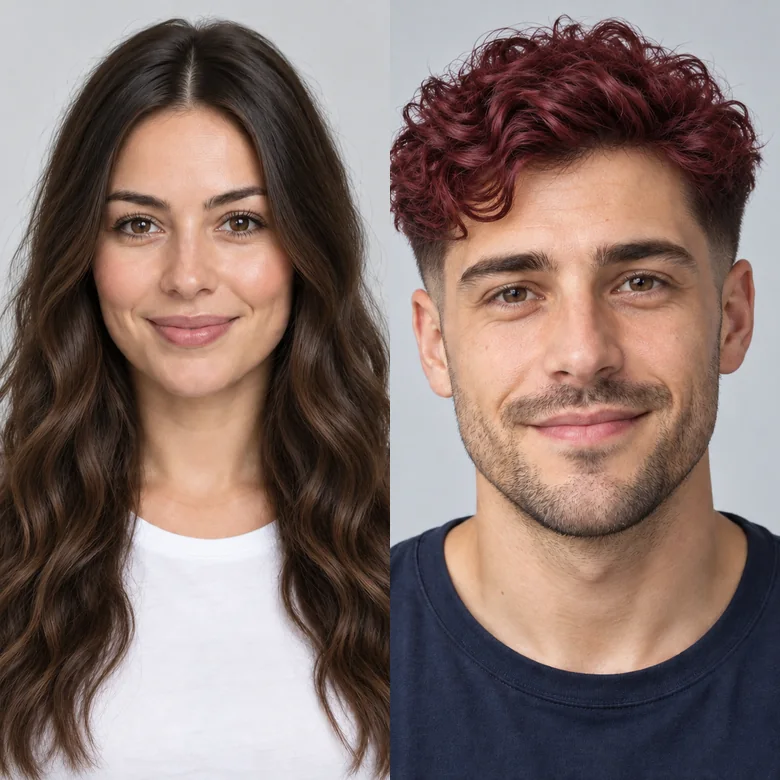 A woman with long curly hair and a man with a curly burgundy top and fade